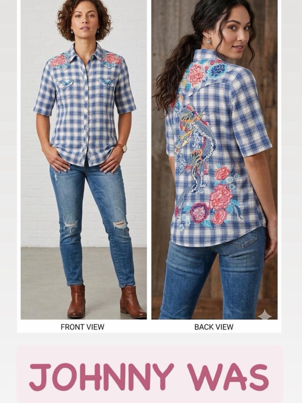 Johnny Was Blue Plaid Embroidered Western Shirt